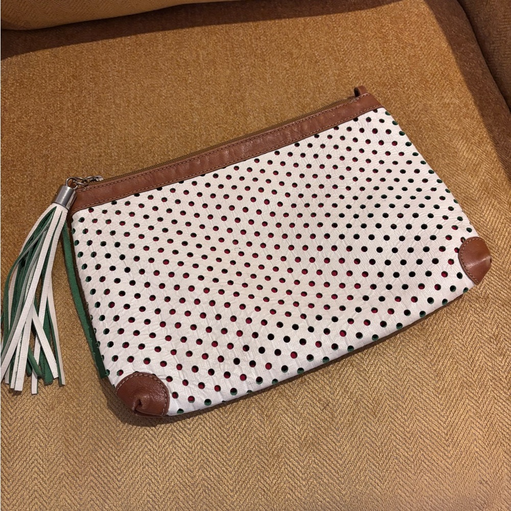 NICOLI White and Brown Polka Dot Clutch with Tassel